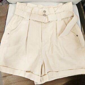 Vintage Style High Waisted Women's Cream Belted Shorts